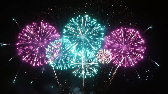 Vibrant pink and cyan fireworks exploding in the dark night sky during a festive celebration