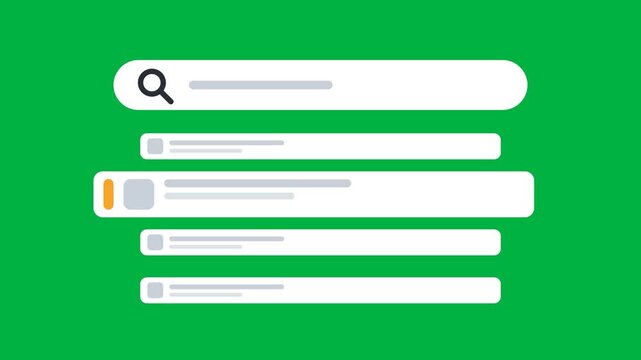 White Search Bar Filtering Four Result Rows with Amber Selection Marker on Chroma Key Green Screen 4K