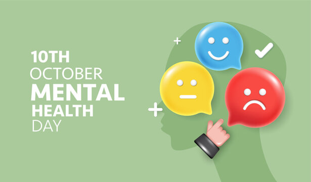 World Mental Health Day 10th October concept. Human head silhouette with 3D speech bubbles of happy, neutral and sad faces. Hand cursor pointing at sad emotion on green background illustration.