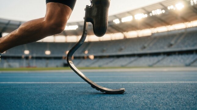 Close up of a para athlete with carbon fiber prosthetic leg sprinting on blue athletic track in a stadium. Prosthetic leg runner training for competition during sunset in a professional arena.