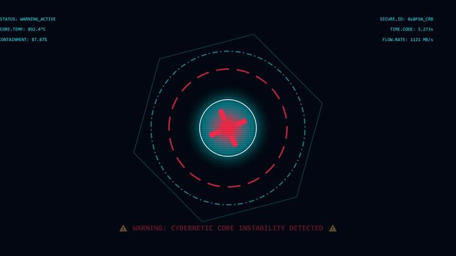 digital HUD interface displaying a warning alert for cybernetic core instability, featuring pulsing red diagnostic indicators, temperature telemetry, and security data against a dark background.