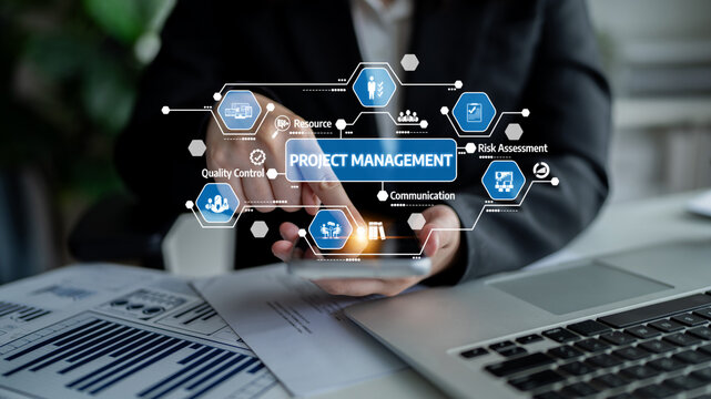 A business professional utilizes a smartphone to showcase a project management concept, highlighting efficiency, communication, and resource assessment in an office setting. Tessel