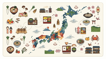 Fototapeta premium Illustrated map of Japan showcasing its diverse culture, iconic landmarks, traditional foods, and natural beauty with regional highlights.