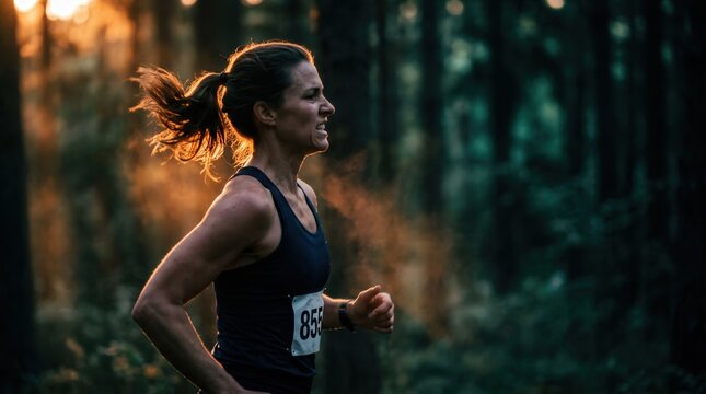 Determined woman athlete running through a misty forest during golden hour sunset. Marathon runner wearing race bib pushes through fatigue during cross country trail competition in nature.