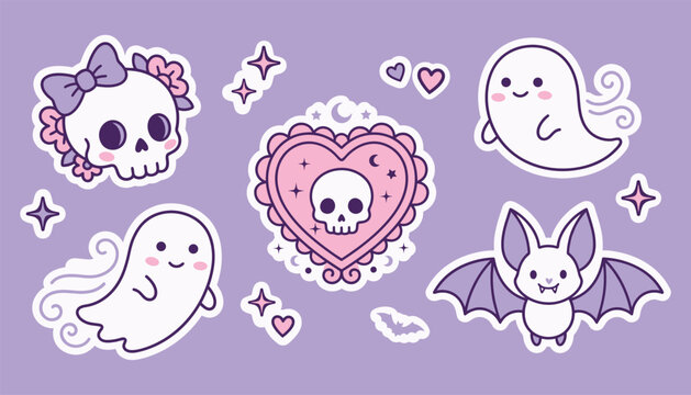Cute kawaii halloween sticker set with ghosts, skull, and bat on a purple background