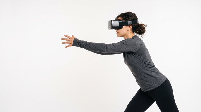 Young woman wearing a VR headset reaching her hand forward while experiencing immersive virtual reality simulation against white background