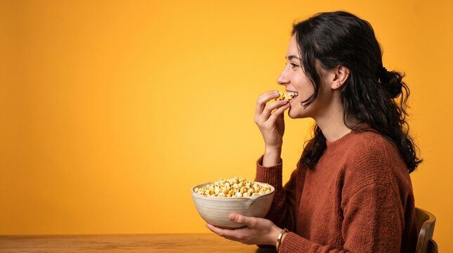 Happy young woman sitting at a table eating delicious popcorn from a bowl against a vibrant yellow background