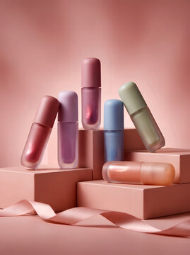 Elegant Collection of Pastel Cosmetic Lip Gloss Tubes Arranged on Geometric Podiums with Silk Ribbon on Pink Backdrop