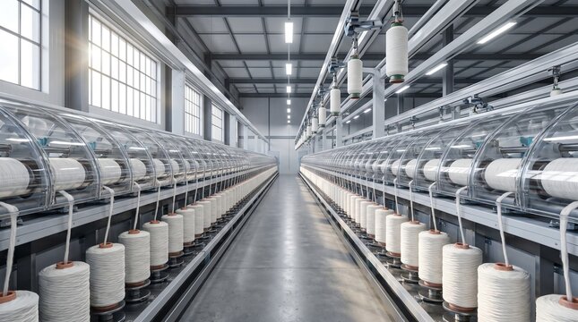 Industrial spinning machine with cotton bobbins in a textile factory workshop