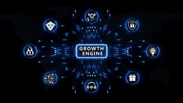 Growth Engine visual theme displayed with connected radial glowing tech icons and bright blue circuit rays across a dark global map backdrop.