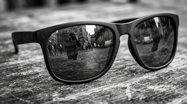 Black and white close-up of sunglasses reflecting a city street scene.