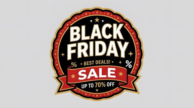 Black Friday sale badge with red ribbon and seventy percent off discount offer label.