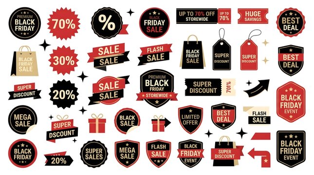 Black Friday sale badges and discount labels collection for retail marketing promotions
