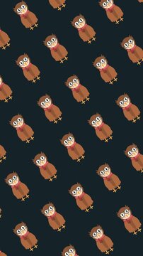 Seamless pattern of cute cartoon owls wearing glasses and red scarves on an abstract vertical dark background animation for back-to-school wallpaper and autumn backdrop decoration concept.