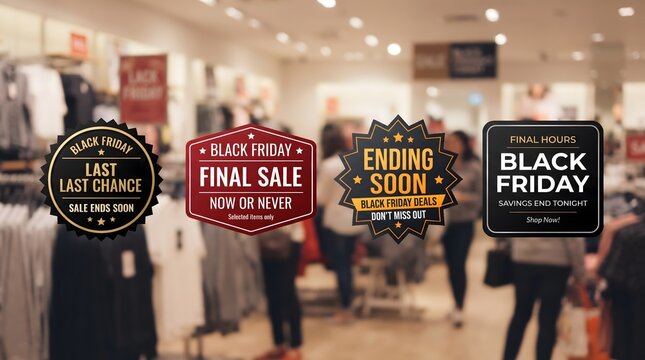 Black Friday sale signs in a clothing store with blurred shoppers in the background