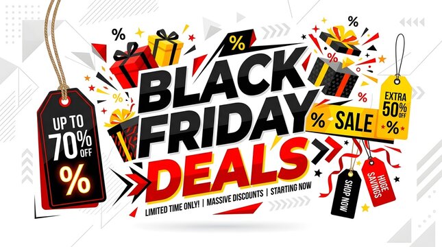Black Friday Sale banner with gift boxes and discount price tags for retail marketing
