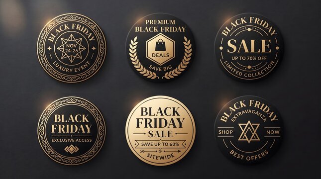Set of luxury Black Friday sale badges with gold typography on dark background