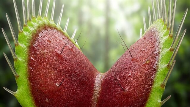 Extreme close up of the sharp translucent teeth of a vibrant venus flytrap