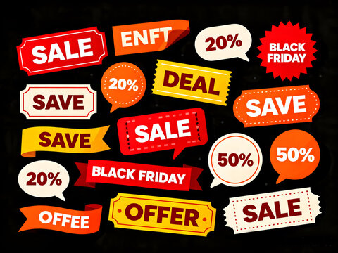 Black Friday sale tags and discount stickers collection for retail marketing promotions