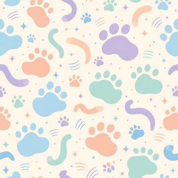 Colorful Pastel Paw Prints Seamless Pet Pattern
