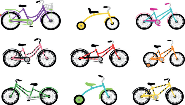 Colorful bicycle vector icon set with city bikes kids tricycles and mountain bicycles isolated on white background