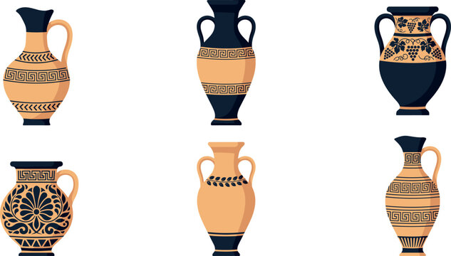  Ancient Greek amphora and vase vector set with traditional black figure pottery patterns isolated on white background