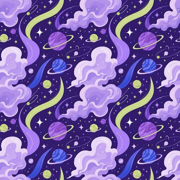 Magical Purple Galaxy Clouds and Planets Seamless Pattern