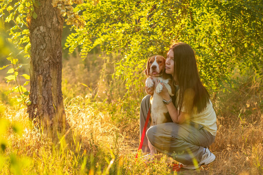 Woman Hugging Beagle During Golden Hour Portrait