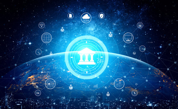 A global FinTech and digital banking network technology concept. A central financial system connected to the worldwide digital economy and services. Motif