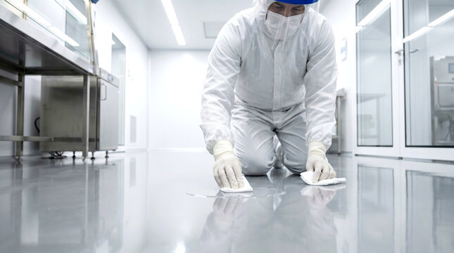 Cleanroom worker wiping liquid spill on laboratory floor, contamination control and sterile environment maintenance.