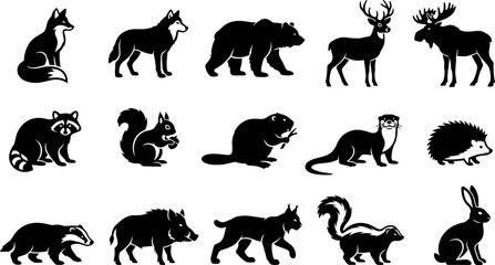 Fototapeta premium Black Forest Woodland Animals Silhouette Icon Set Fox Wolf Bear Deer Moose Raccoon Squirrel Beaver Otter Hedgehog Badger Boar