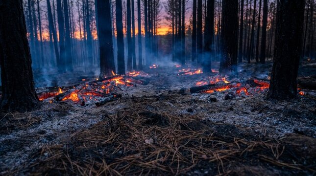 Glowing embers scattered on forest floor among tall pine trunks at sunset