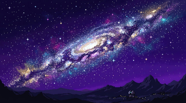 Pixel Art Milky Way Galaxy Over Mountains Night Sky Landscape Illustration