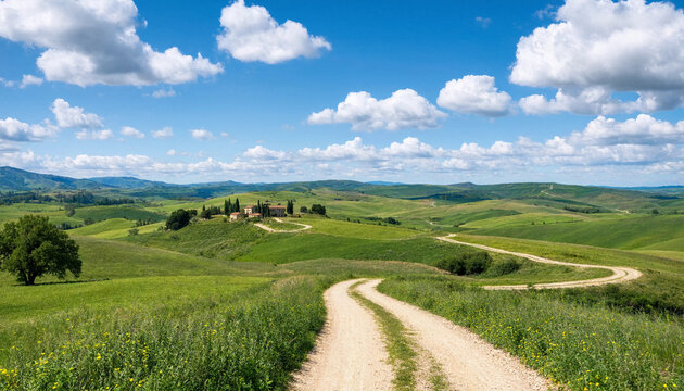 Winding dirt road leading through lush green rolling hills under a bright blue sky with clouds