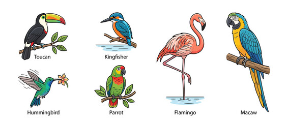 Naklejka premium Diverse Colorful Birds Collection Isolated Transparent Background