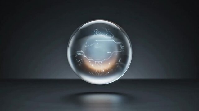 A glowing glass sphere with digital circuit patterns floats against a dark background.