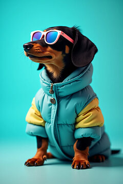 Portrait of a cool Miniature Dachshund dog wearing a stylish blue coat and sunglasses