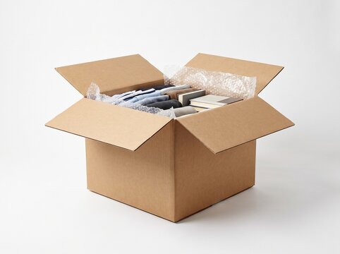 An open brown cardboard box packed with neatly folded clothes, books, and bubble wrap. Moving, shipping, or donation concept on a white background.