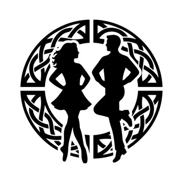 Black and white vector illustration of a dancing couple surrounded by Celtic knotwork, representing Irish stepdance and culture.