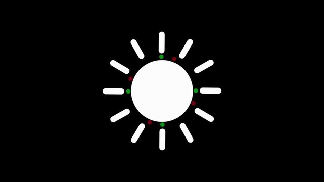 Simple white sun with red and green dots on a black background symbolizing a control or setting Keywords: sun, symbol, white, light, control, setting, adjustment.