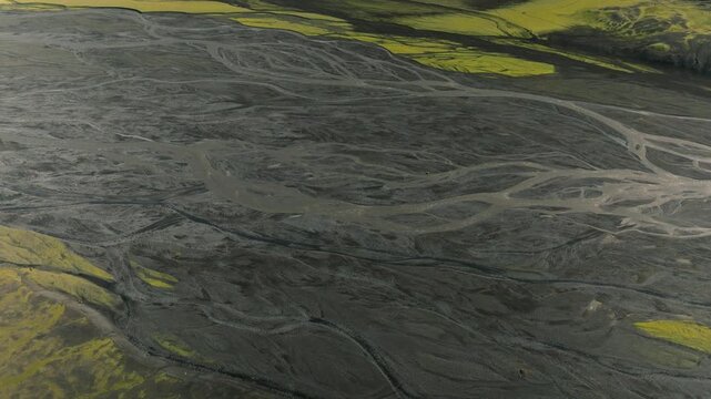 Aerial of a Vast Black Volcanic Outwash Plain in Iceland