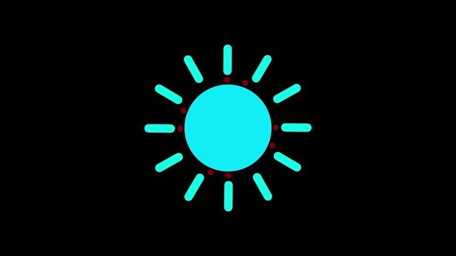 Minimalist cyan sun symbol with red dots on a black background representing light or energy.
