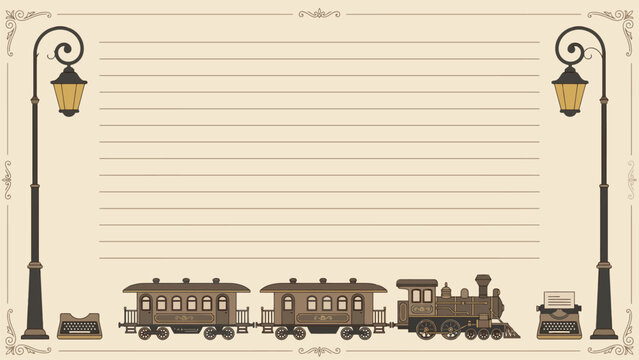 Vintage train ticket background with old locomotive and lampposts