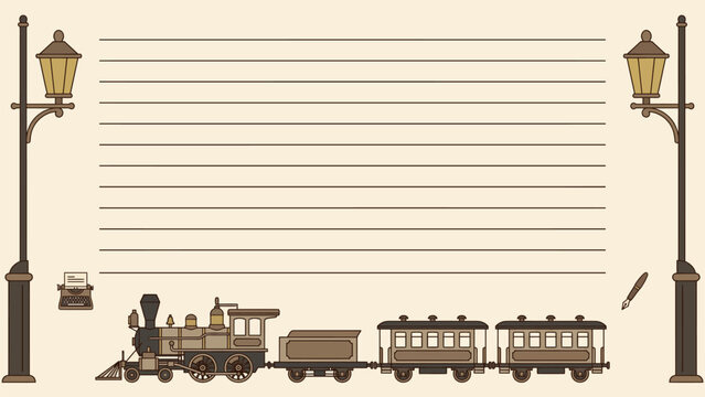Vintage train ticket background with vintage locomotive and lampposts