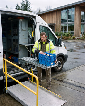 A man carrying a blue basket in front of a van with a white van behind the man with yellow stairs leading up to the van