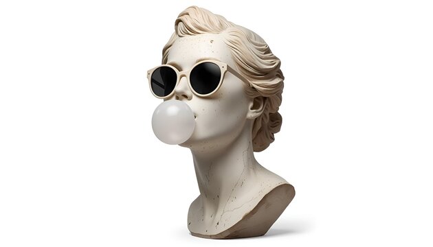 Antique Female Bust Sculpture Wearing Modern Sunglasses Blowing Bubble Gum, Minimal Pop Culture Concept Isolated on Transparent Background