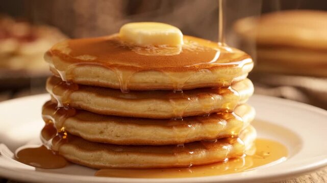 Stack of delicious warm pancakes with melting butter and pouring maple syrup, breakfast food and sweet dessert