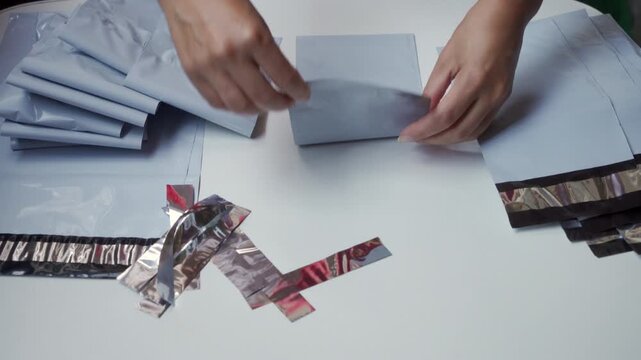 Closeup view of hands preparing metallic mailing envelopes on white table, sealing silver poly mailers with adhesive tape for shipping, parcel packing, order fulfillment, and organized small