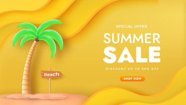Summer Sale Banner Template with 3D Palm Tree and Yellow Background