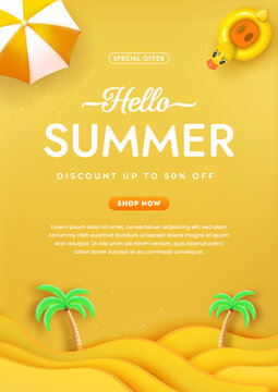Yellow Summer Sale Banner with 3D Beach Umbrella and Palm Trees